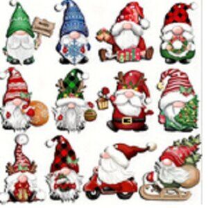 6 Santa Gnome Ornaments Random Sled Car Christmas Tree Present Wreath Thin Wood